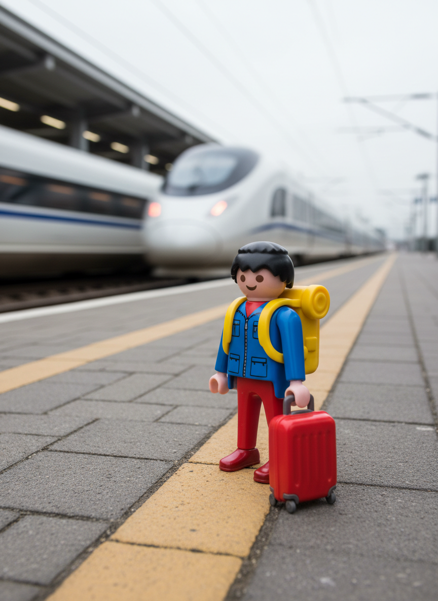 A cheerful Volker-Holiday Playmobil-style travel figure with a tiny rolling suitcase stands on a train platform, positioned near the yellow safety line, facing a sleek, blurred modern train that suggests motion. The figure’s plastic surface has a subtle matte sheen, with vivid primary colors on its outfit and suitcase. Soft overcast daylight diffuses evenly across the scene, creating gentle, natural shadows and a calm, expectant atmosphere. Shot from a slightly low angle so the toy appears adventurous and brave, the composition uses the rule of thirds, with converging tracks leading the eye into the distance. The photographic style is realistic and vibrant, capturing the excitement of departure and new journeys.