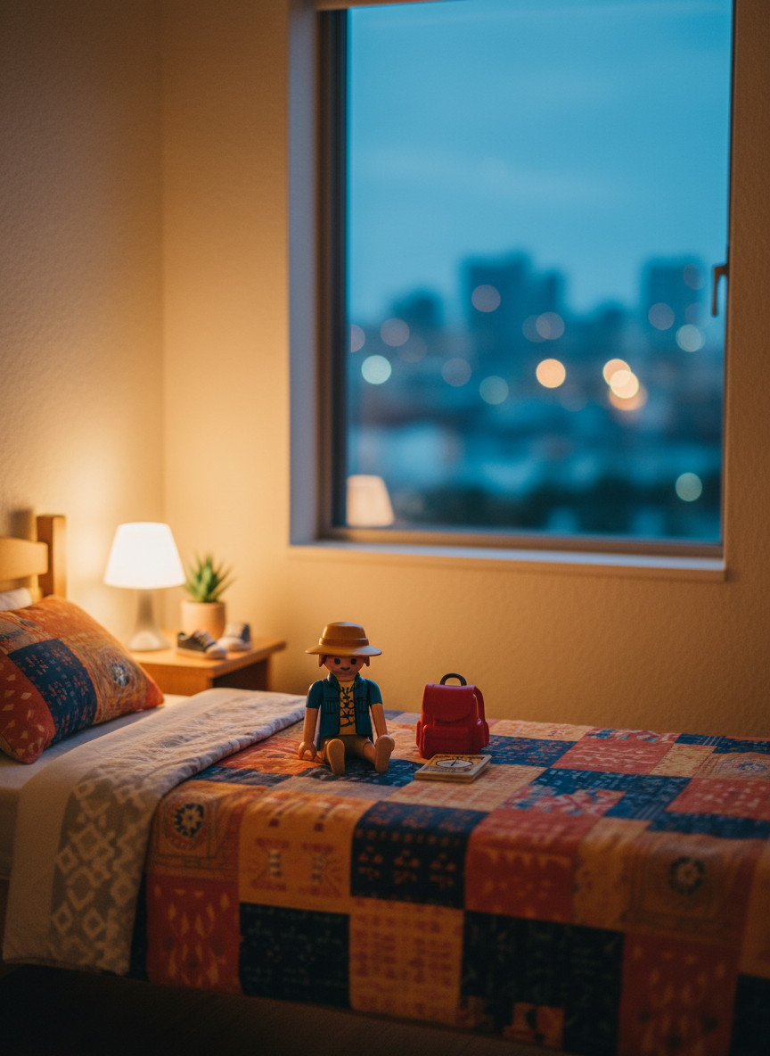 Inside a cozy hostel-like room, a Volker-Holiday Playmobil-style travel figure sits atop a neatly made bed with a colorful patterned blanket, beside a tiny plastic backpack and a toy-sized guidebook. A large window reveals a blurred cityscape with twinkling evening lights. Warm bedside lamp lighting mixes with cooler blue twilight from outside, creating a balanced, inviting glow and soft shadows on the walls. The mood is reflective and homely, suggesting travel downtime and personal stories. Photographed at eye level with moderate depth of field, details of the room—like a small plant on a nightstand and a pair of neatly placed shoes—are visible but not overpowering, maintaining a realistic, intimate photographic style.