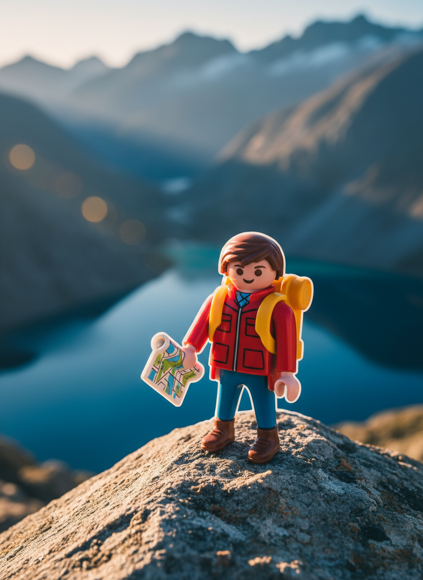 A Volker-Holiday Playmobil-style explorer figure, equipped with a tiny molded hiking backpack and miniature map, stands on a rock at the edge of a panoramic mountain viewpoint. Jagged peaks dusted with snow fade into the distance, while a deep blue alpine lake glimmers far below. Late afternoon sunlight casts long, dramatic shadows and creates a subtle rim light around the toy’s edges, emphasizing its adventurous pose. The atmosphere feels fresh, crisp, and playful. Captured from a low, close-up perspective with shallow depth of field, the figure dominates the foreground in sharp focus, while the sweeping landscape behind becomes a soft, cinematic bokeh, reinforcing the theme of outdoor exploration and wanderlust.