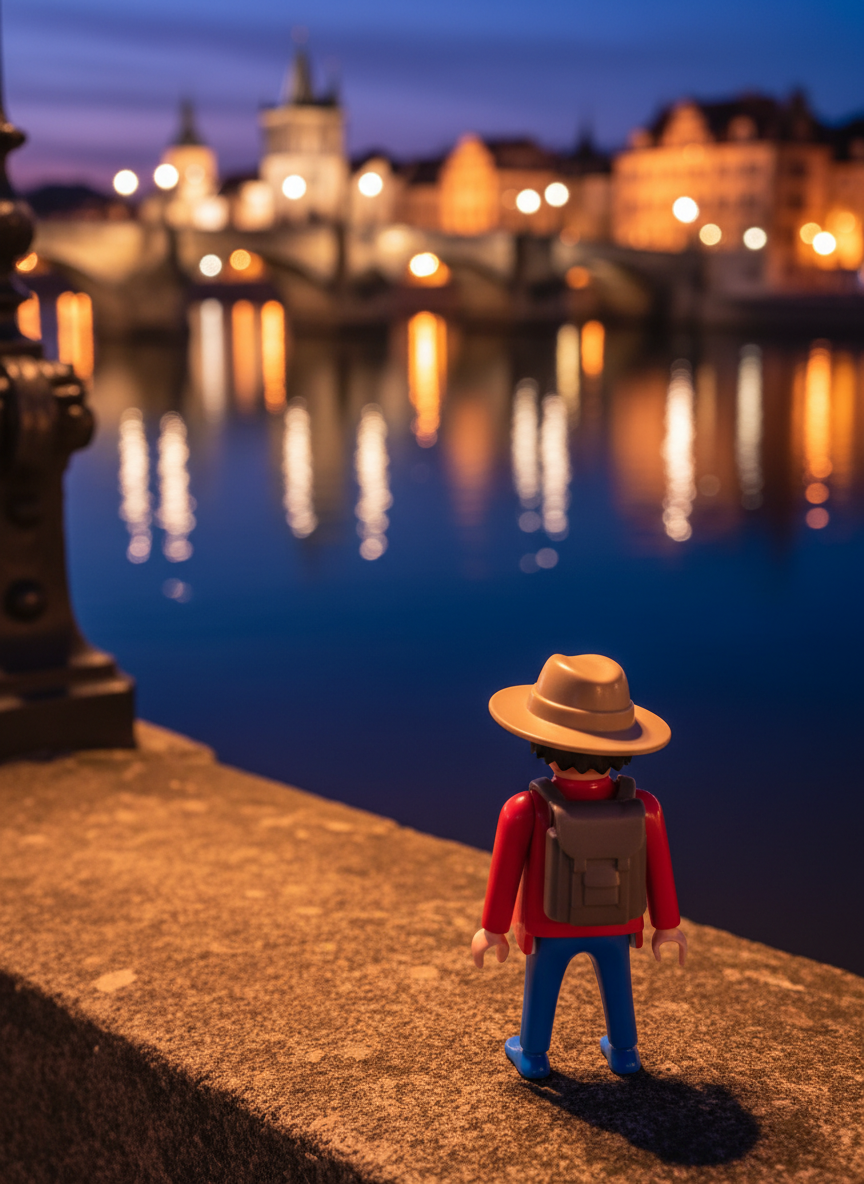 A nighttime city scene featuring a Volker-Holiday Playmobil-style travel figure standing on a stone railing overlooking a river. Across the water, illuminated bridges and softly glowing historic buildings reflect on the surface, creating shimmering patterns. The toy’s small molded backpack and hat catch the warm glow of nearby streetlights, while cooler blue tones from the night sky add contrast. The atmosphere is dreamy, romantic, and slightly nostalgic. Captured from an eye-level angle with a pronounced bokeh effect on the city lights, the figure appears contemplative yet playful. The photographic realism and rich, saturated colors make this perfect for blog posts about city trips and nighttime adventures.