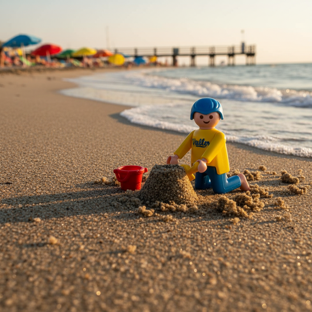 A beach scene where a Volker-Holiday Playmobil-style figure builds a small sandcastle near the shoreline, its tiny plastic hands resting on a molded bucket and spade. The sand shows detailed texture with tiny grains catching the light, and gentle waves lap a few centimeters away. Late afternoon sun creates long, playful shadows and a warm, golden glow over everything. In the blurred background, colorful beach umbrellas and a distant boardwalk are just recognizable shapes. Shot at very low, almost ground-level, angle with a shallow depth of field, the image feels immersive and fun, capturing the carefree joy of seaside holidays in vibrant, realistic photographic style.