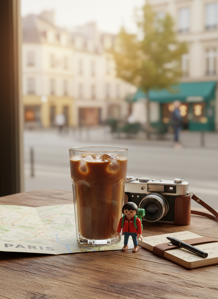 On a rustic wooden café table, a tiny Volker-Holiday Playmobil-style figure leans against a tall glass of iced coffee, complete with condensation droplets and ice cubes catching the light. Nearby, a folded city map, a vintage-looking camera, and a notebook with a pen hint at travel planning. Soft morning light streams through an unseen window, creating delicate highlights on the glass and a gentle bokeh of a blurred European street outside. The mood is lighthearted, spontaneous, and full of anticipation. Shot from a slightly elevated angle, the composition balances the toy traveler with the surrounding objects, using photographic realism and a warm, inviting color palette ideal for blog posts about city breaks and travel routines.