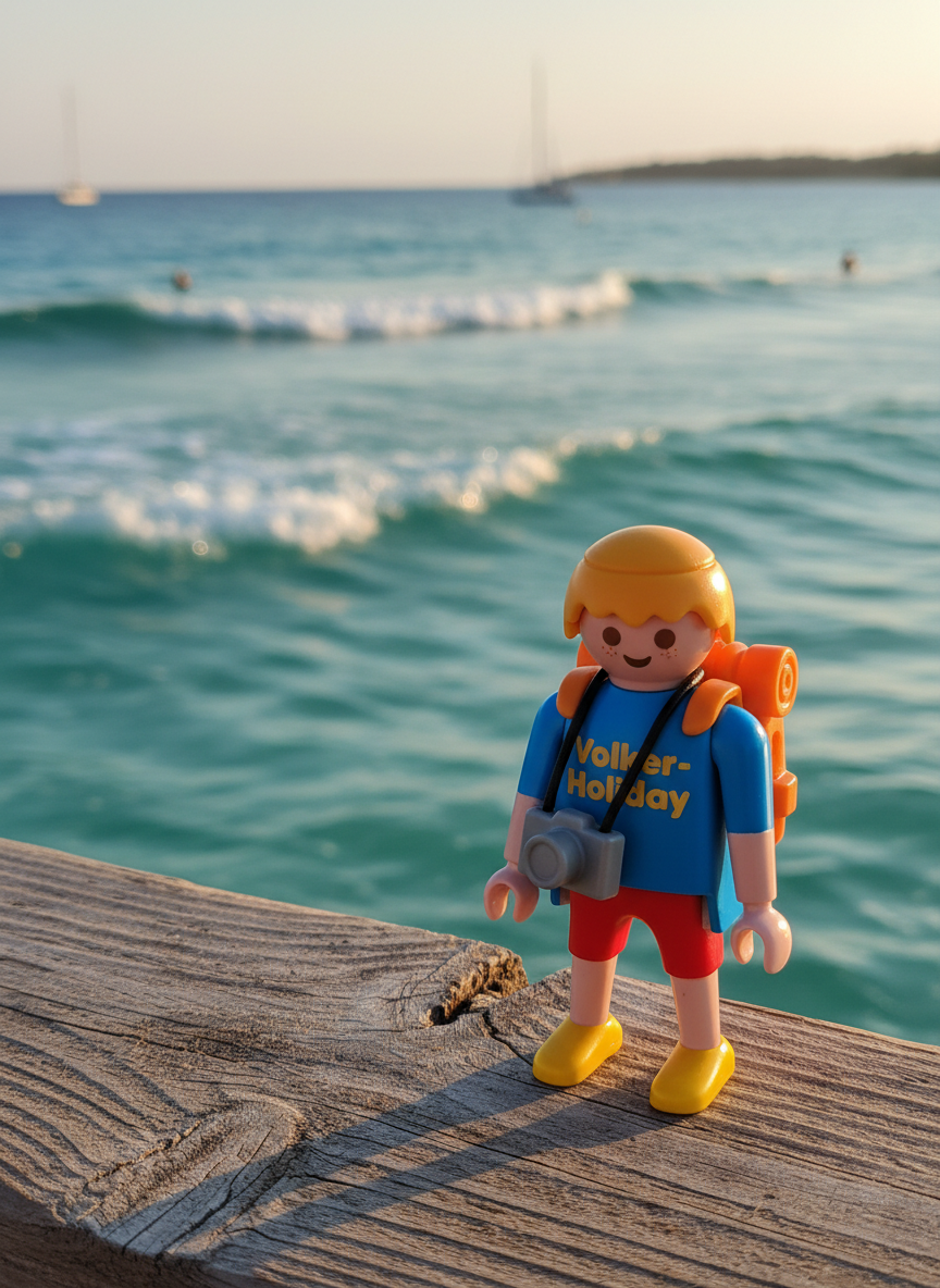 A small, brightly colored Playmobil-style travel figure branded as “Volker-Holiday” stands on the edge of a weathered wooden pier, its tiny backpack detailed with molded straps and a miniature camera. Behind it stretches a vast turquoise ocean with gentle waves and a hazy horizon. Soft golden hour sunlight bathes the scene, creating a warm glow on the plastic figure and sparkling highlights on the water. The mood is playful and full of wanderlust. Photographed at eye level with shallow depth of field, the toy explorer is sharply focused while distant sailboats and a blurred coastline create a dreamy, photographic realism perfect for a general travel blog header image.